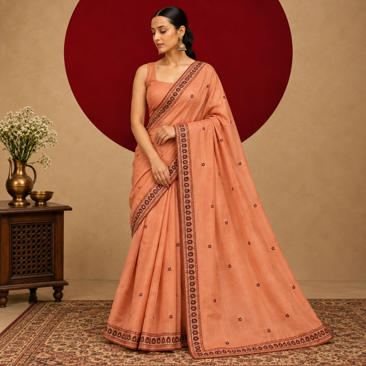 Sanskriti Vintage Embroidery Paisely Pure Silk Saree Peach Sari 5Yd Craft Fabric