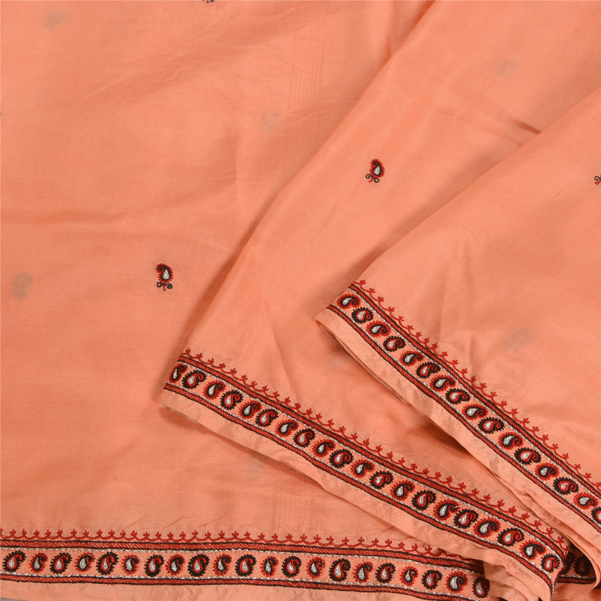 Sanskriti Vintage Embroidery Paisely Pure Silk Saree Peach Sari 5Yd Craft Fabric