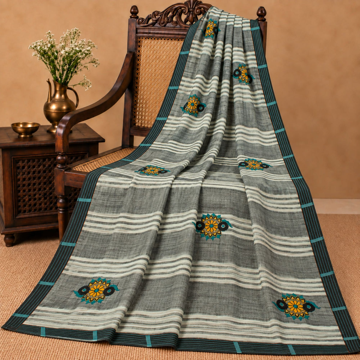 Sanskriti Vintage Embroidered-Printed Blend Georgette Saree Green Sari Fabric