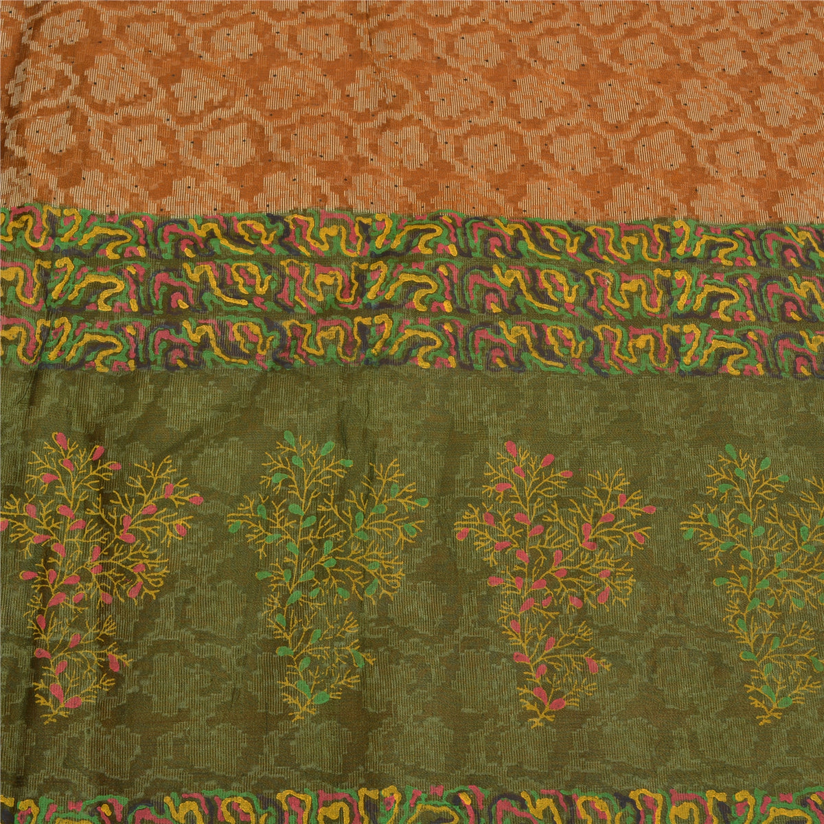 Sanskriti Vintage Jacquard Woven-Paint Pure Silk Saree Orange Sari Craft Fabric