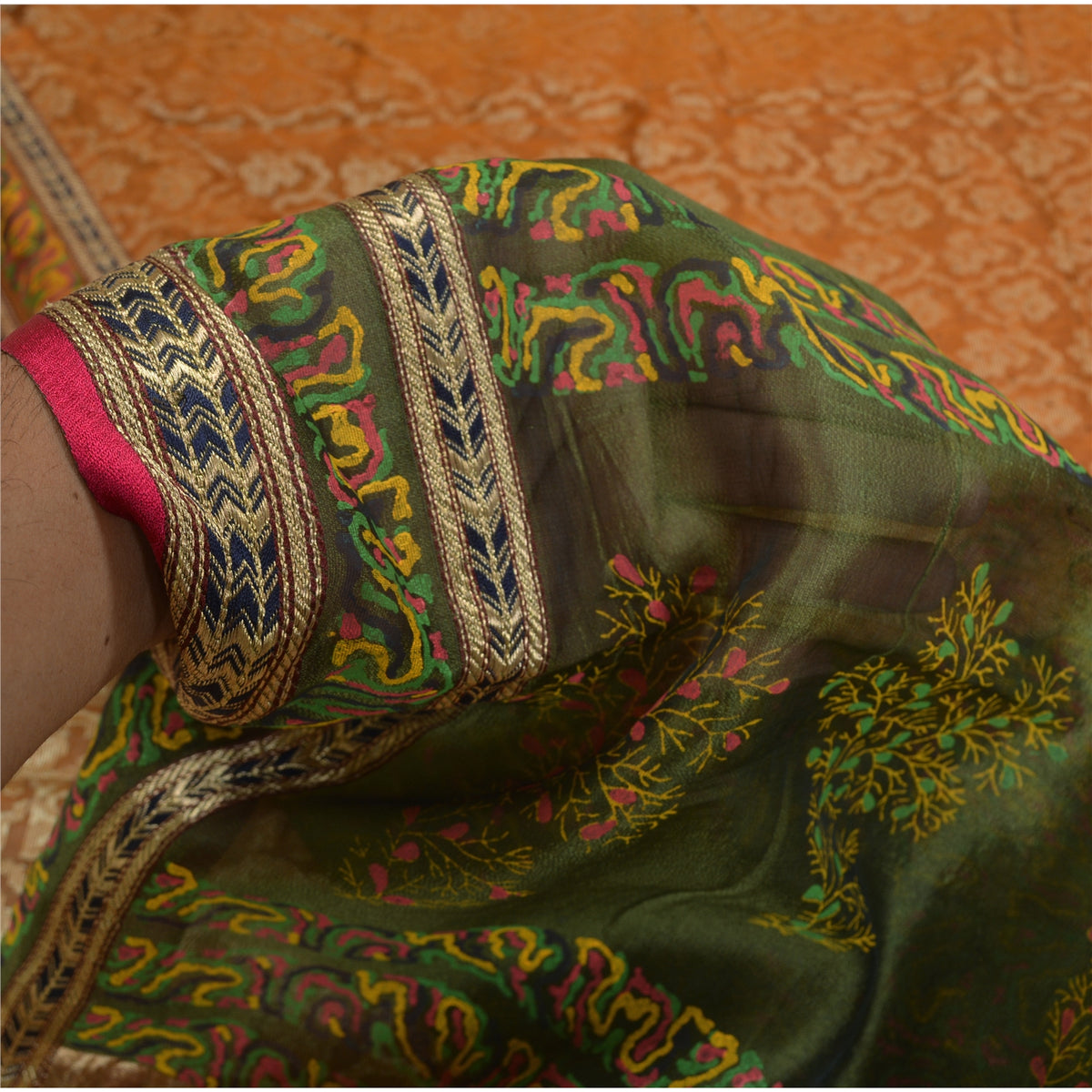 Sanskriti Vintage Jacquard Woven-Paint Pure Silk Saree Orange Sari Craft Fabric