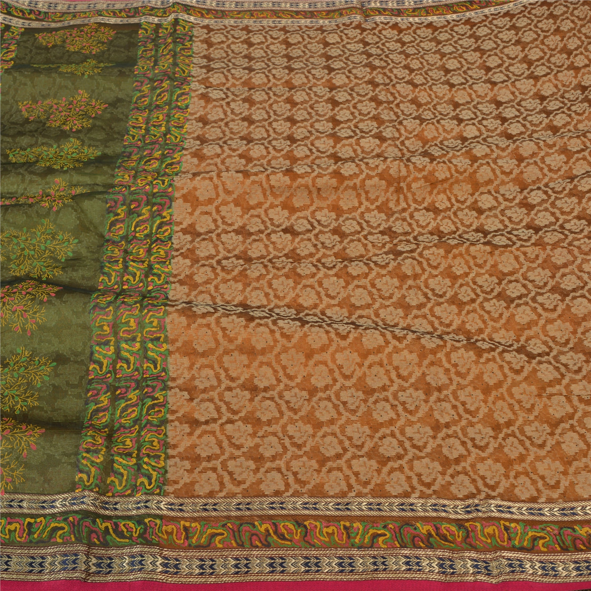 Sanskriti Vintage Jacquard Woven-Paint Pure Silk Saree Orange Sari Craft Fabric