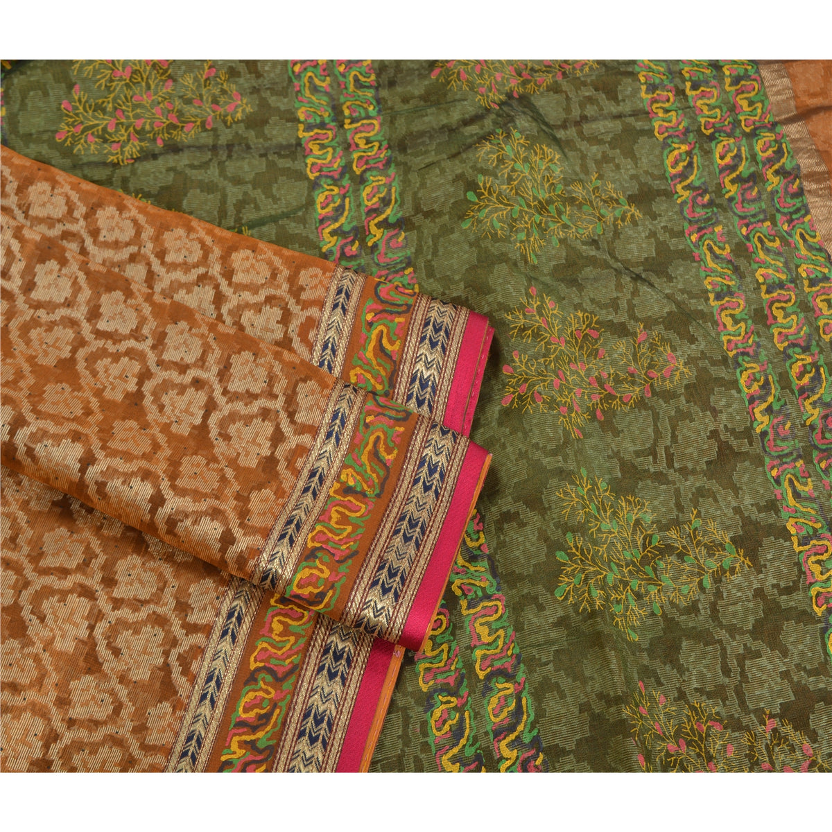 Sanskriti Vintage Jacquard Woven-Paint Pure Silk Saree Orange Sari Craft Fabric