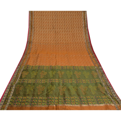Sanskriti Vintage Jacquard Woven-Paint Pure Silk Saree Orange Sari Craft Fabric