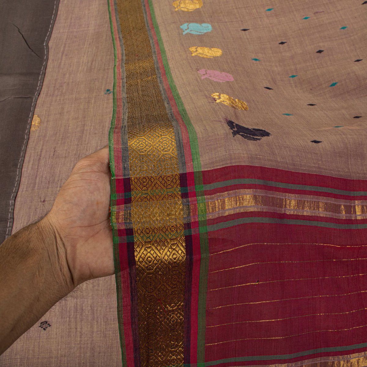 Sanskriti Vintage Maheshwari Zari Hand Woven Pure Cotton Saree Brown Sari Fabric