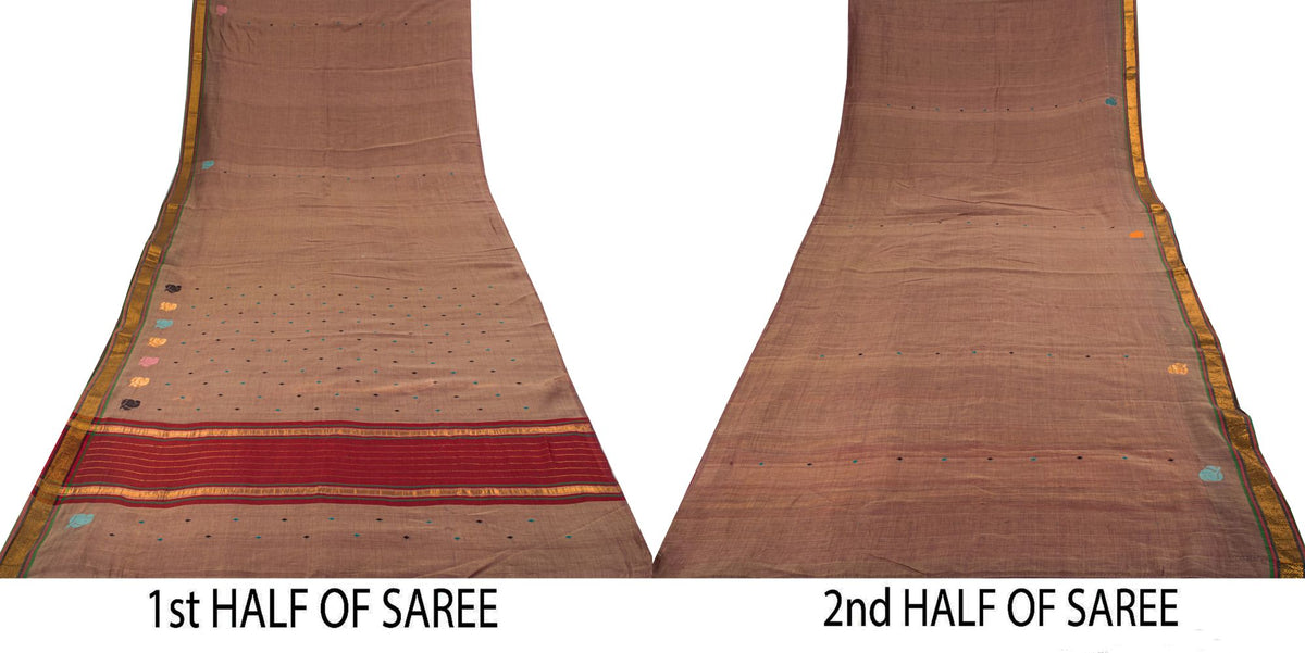 Sanskriti Vintage Maheshwari Zari Hand Woven Pure Cotton Saree Brown Sari Fabric