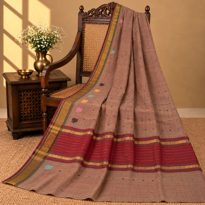 Sanskriti Vintage Maheshwari Zari Hand Woven Pure Cotton Saree Brown Sari Fabric