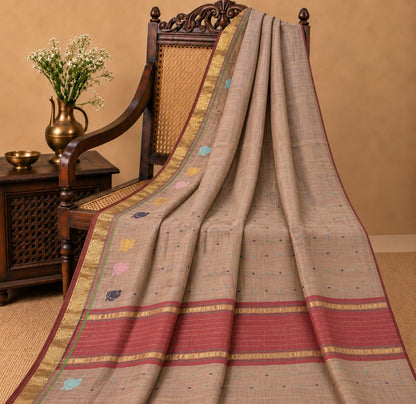 Sanskriti Vintage Maheshwari Zari Hand Woven Pure Cotton Saree Brown Sari Fabric
