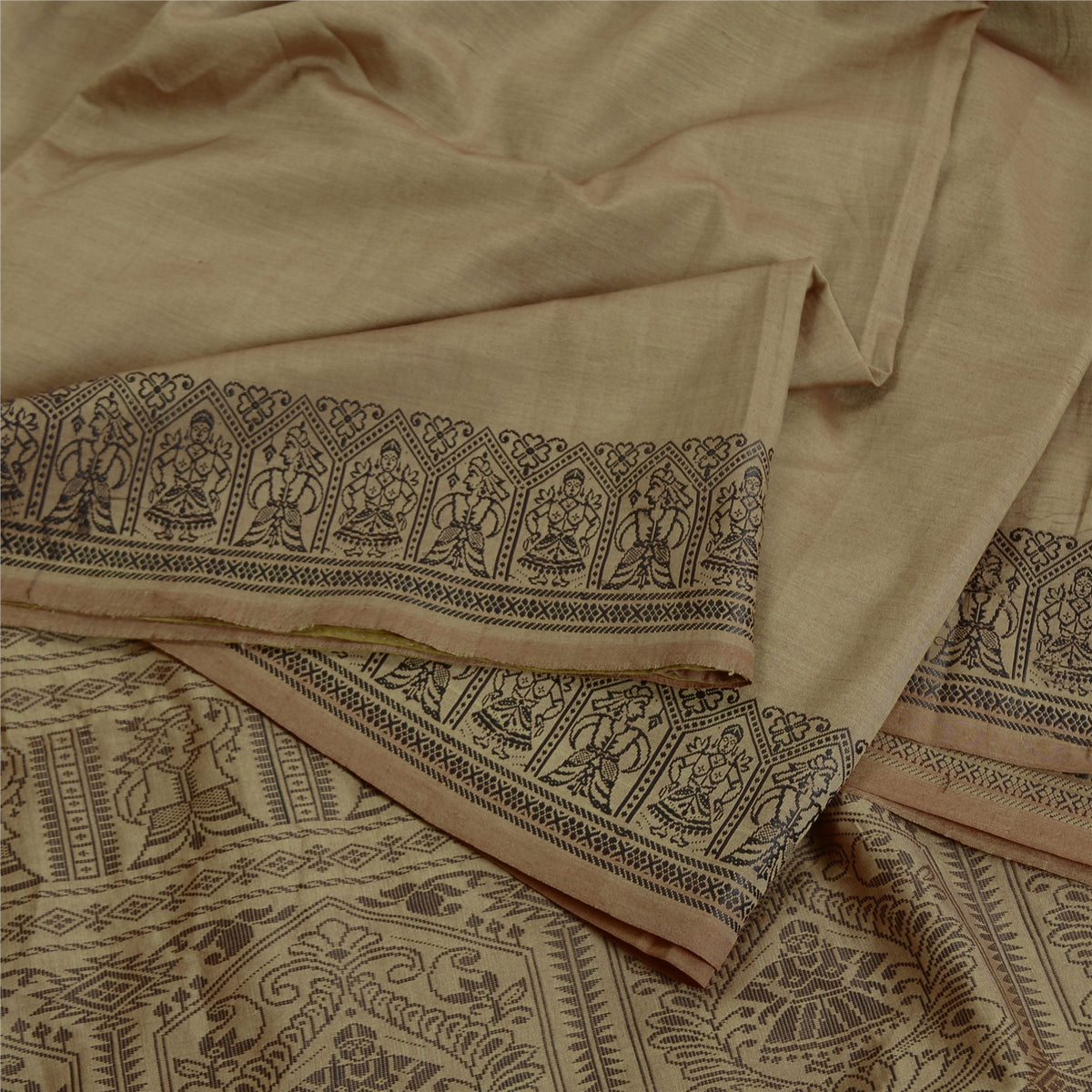 Sanskriti Vintage Baluchari Woven Cotton Silk Saree Brown Bengal Sari 5Yd Fabric