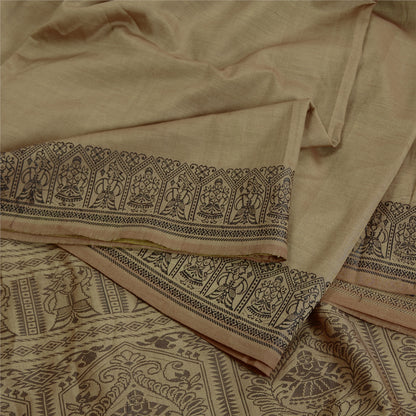 Sanskriti Vintage Baluchari Woven Cotton Silk Saree Brown Bengal Sari 5Yd Fabric