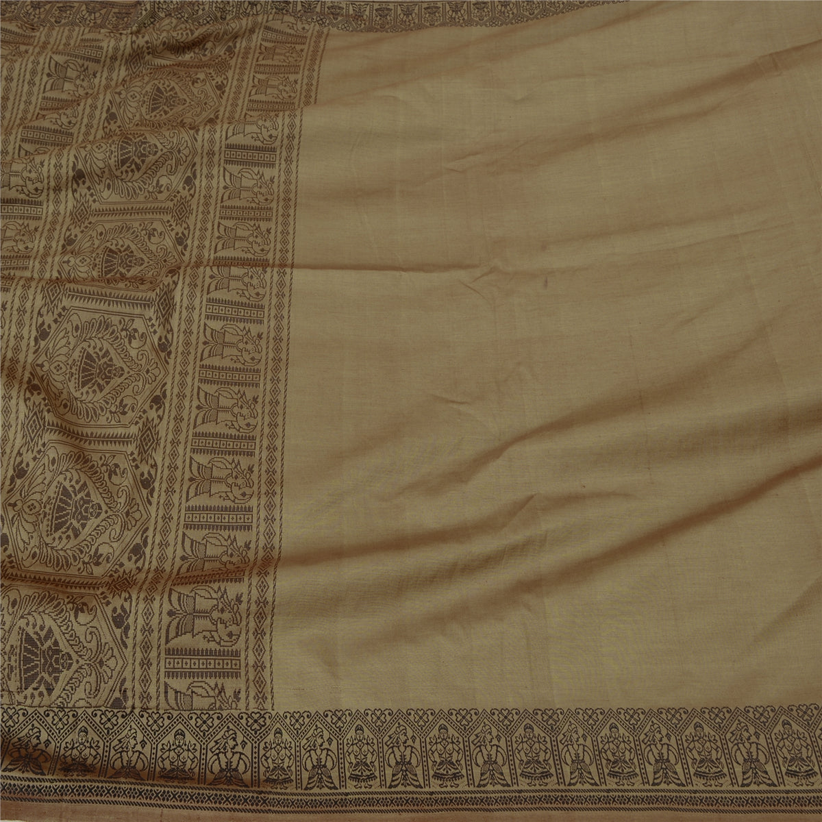 Sanskriti Vintage Baluchari Woven Cotton Silk Saree Brown Bengal Sari 5Yd Fabric
