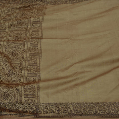 Sanskriti Vintage Baluchari Woven Cotton Silk Saree Brown Bengal Sari 5Yd Fabric