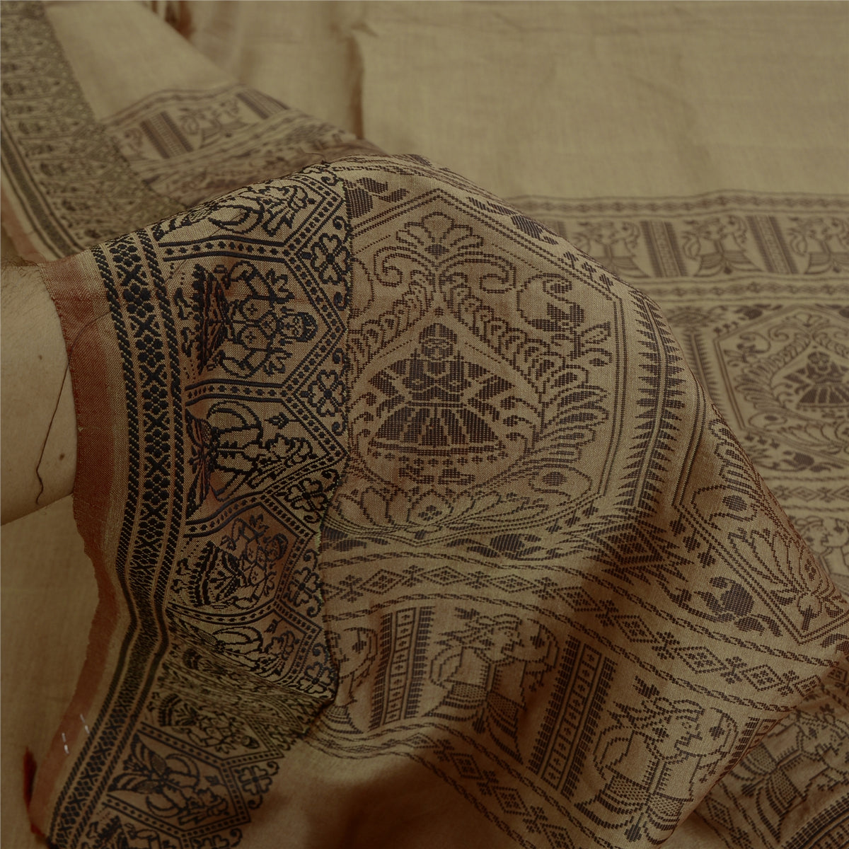Sanskriti Vintage Baluchari Woven Cotton Silk Saree Brown Bengal Sari 5Yd Fabric