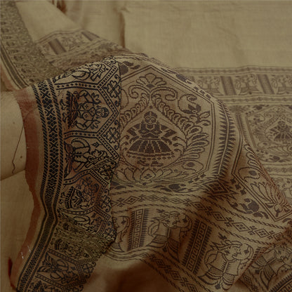 Sanskriti Vintage Baluchari Woven Cotton Silk Saree Brown Bengal Sari 5Yd Fabric