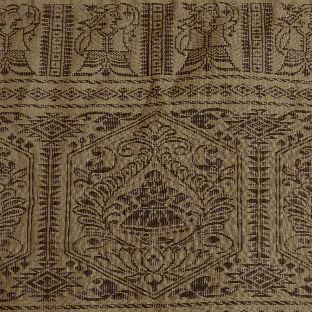 Sanskriti Vintage Baluchari Woven Cotton Silk Saree Brown Bengal Sari 5Yd Fabric