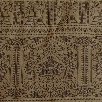 Sanskriti Vintage Baluchari Woven Cotton Silk Saree Brown Bengal Sari 5Yd Fabric