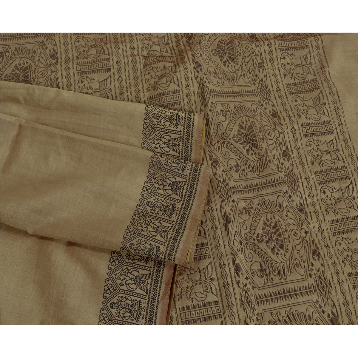 Sanskriti Vintage Baluchari Woven Cotton Silk Saree Brown Bengal Sari 5Yd Fabric