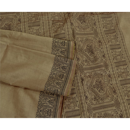 Sanskriti Vintage Baluchari Woven Cotton Silk Saree Brown Bengal Sari 5Yd Fabric