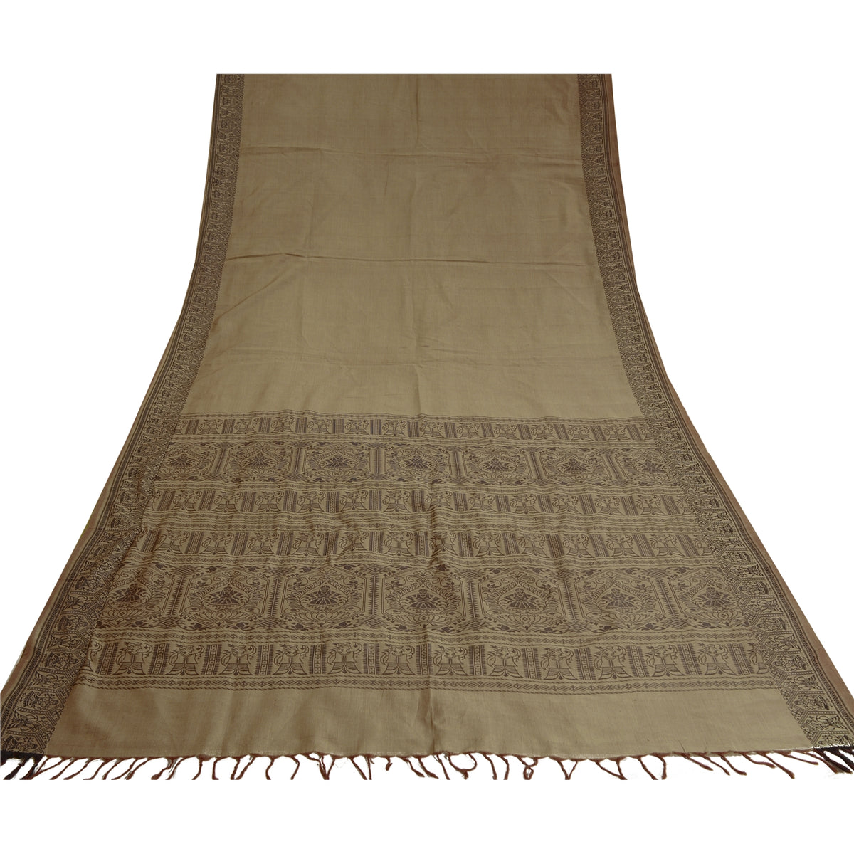 Sanskriti Vintage Baluchari Woven Cotton Silk Saree Brown Bengal Sari 5Yd Fabric