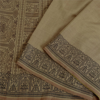 Sanskriti Vintage Baluchari Woven Cotton Silk Saree Brown Bengal Sari 5Yd Fabric