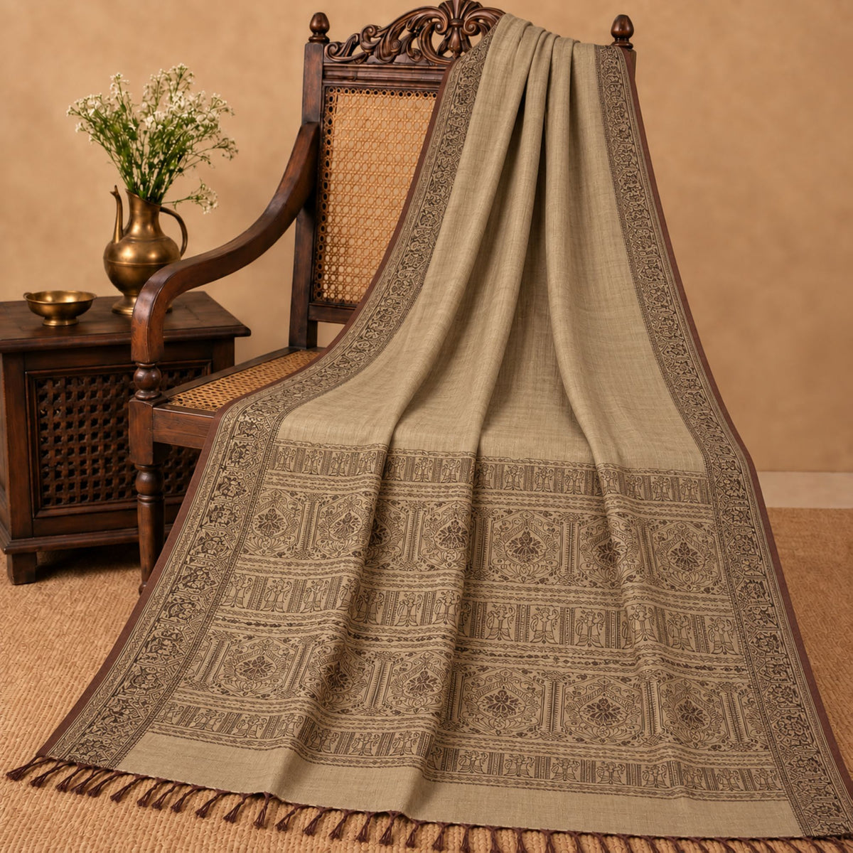 Sanskriti Vintage Baluchari Woven Cotton Silk Saree Brown Bengal Sari 5Yd Fabric