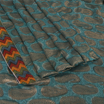 Sanskriti Vintage Zari Woven Paisley Blue Sarees Pure Georgette Silk Sari Fabric