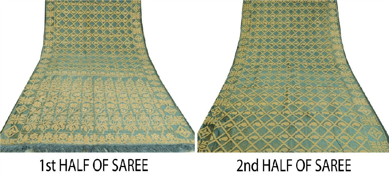 Sanskriti Vintage Grey Sarees Pure Organza Silk Hand Beaded Woven Sari Sustainable Fabric