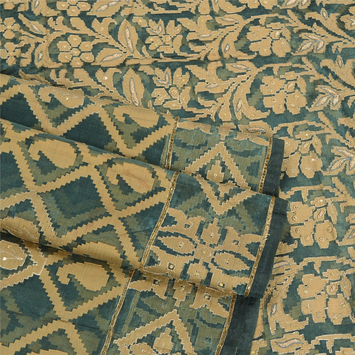 Sanskriti Vintage Grey Sarees Pure Organza Silk Hand Beaded Woven Sari Sustainable Fabric