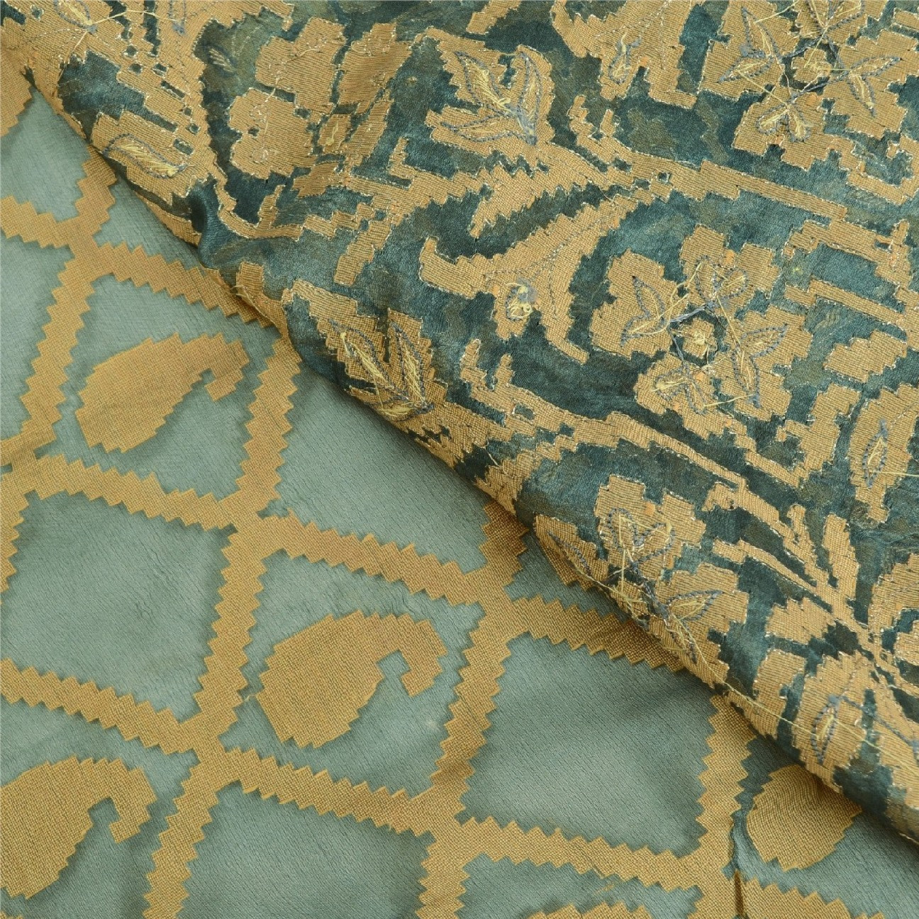 Sanskriti Vintage Grey Sarees Pure Organza Silk Hand Beaded Woven Sari Sustainable Fabric