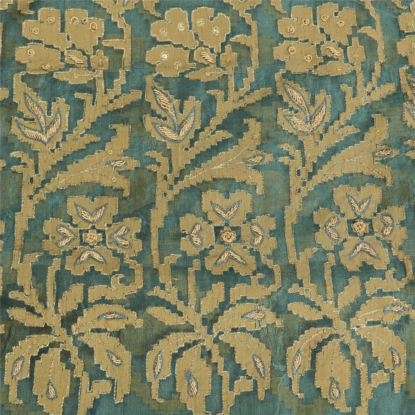 Sanskriti Vintage Grey Sarees Pure Organza Silk Hand Beaded Woven Sari Sustainable Fabric