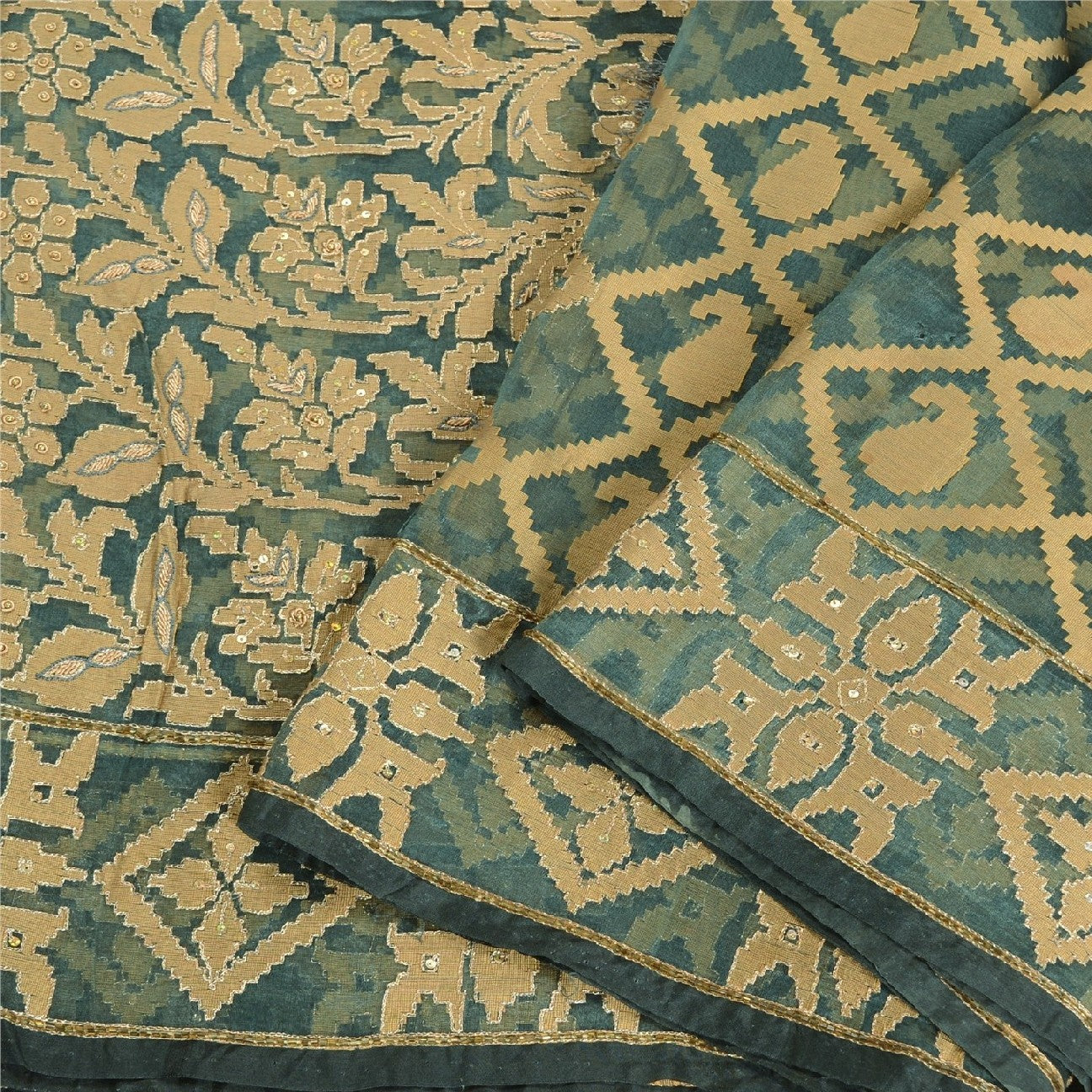 Sanskriti Vintage Sari 100% Pure Organza Silk Green Sarees Hand Beaded & Woven 5yd Craft Fabric