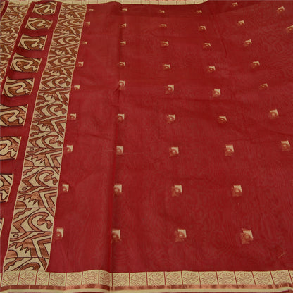 Sanskriti Vintage Jacquard Woven Pure Silk Saree Red Sari Premium Craft Fabric