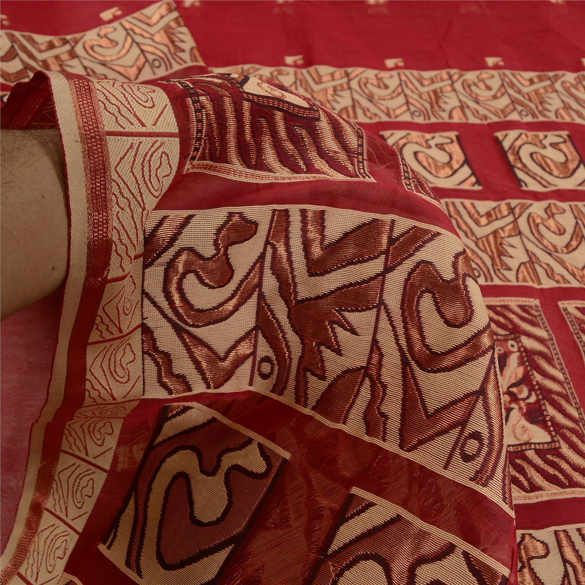 Sanskriti Vintage Jacquard Woven Pure Silk Saree Red Sari Premium Craft Fabric