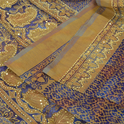 Sanskriti Vintage Hand Beaded Woven Organza Blue Saree Sari Indian Craft Fabric
