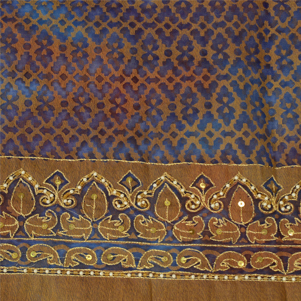 Sanskriti Vintage Hand Beaded Woven Organza Blue Saree Sari Indian Craft Fabric