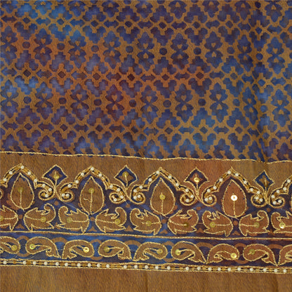 Sanskriti Vintage Hand Beaded Woven Organza Blue Saree Sari Indian Craft Fabric