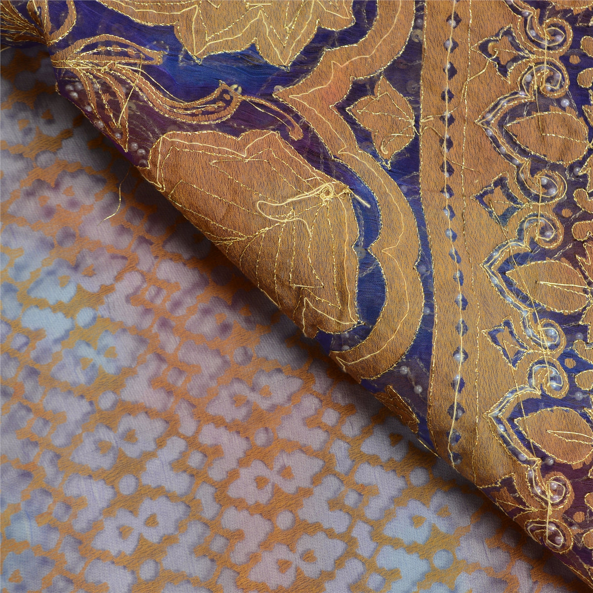 Sanskriti Vintage Hand Beaded Woven Organza Blue Saree Sari Indian Craft Fabric