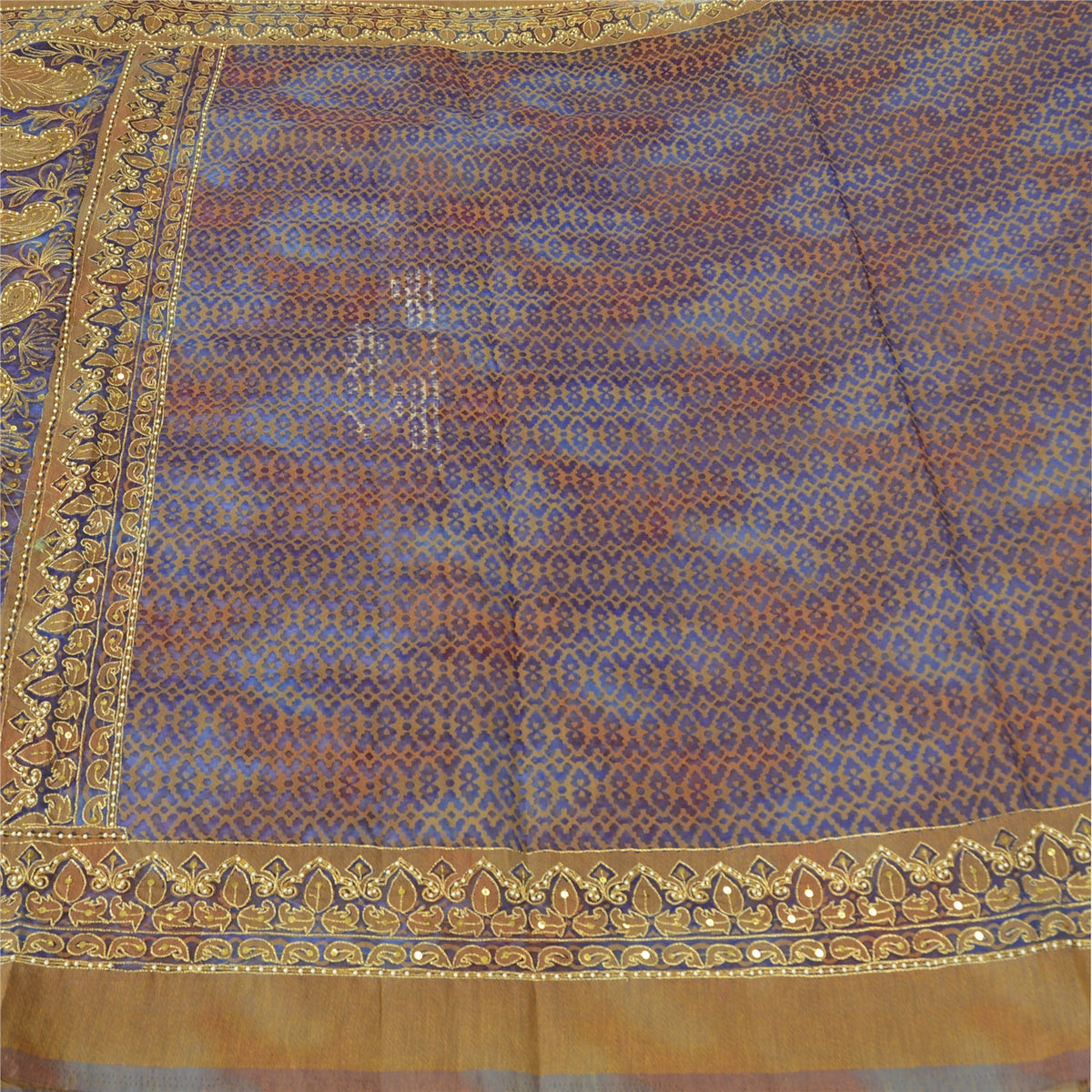 Sanskriti Vintage Hand Beaded Woven Organza Blue Saree Sari Indian Craft Fabric