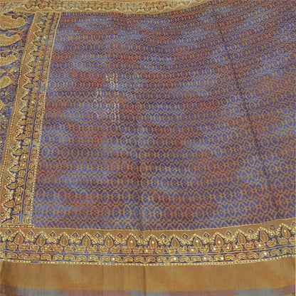 Sanskriti Vintage Hand Beaded Woven Organza Blue Saree Sari Indian Craft Fabric