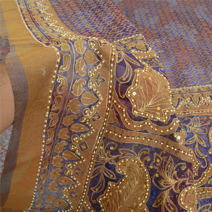 Sanskriti Vintage Hand Beaded Woven Organza Blue Saree Sari Indian Craft Fabric