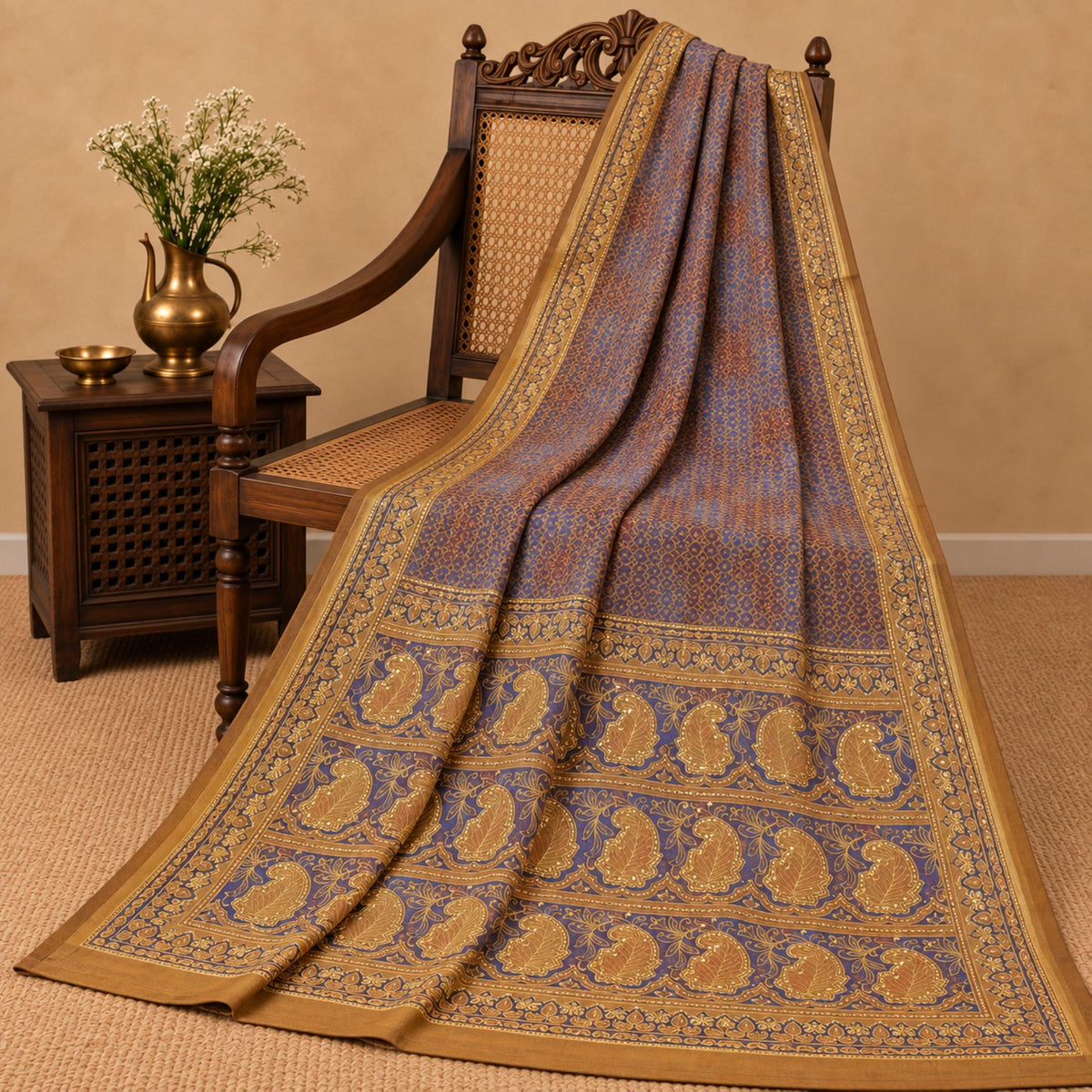 Sanskriti Vintage Hand Beaded Woven Organza Blue Saree Sari Indian Craft Fabric