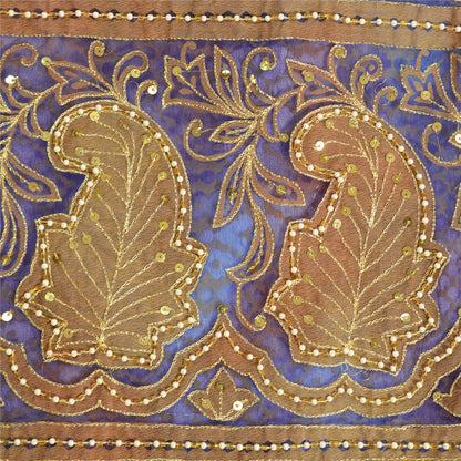 Sanskriti Vintage Hand Beaded Woven Organza Blue Saree Sari Indian Craft Fabric