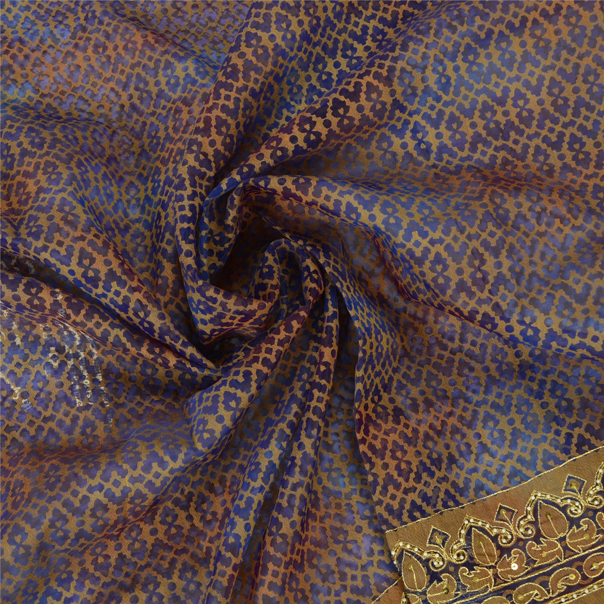 Sanskriti Vintage Hand Beaded Woven Organza Blue Saree Sari Indian Craft Fabric