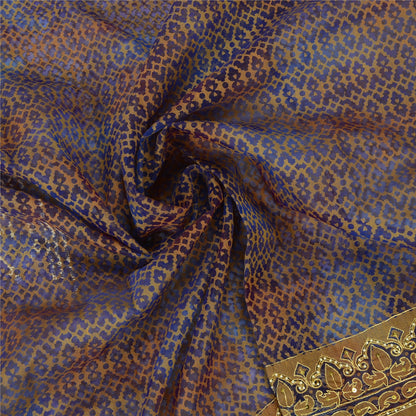 Sanskriti Vintage Hand Beaded Woven Organza Blue Saree Sari Indian Craft Fabric