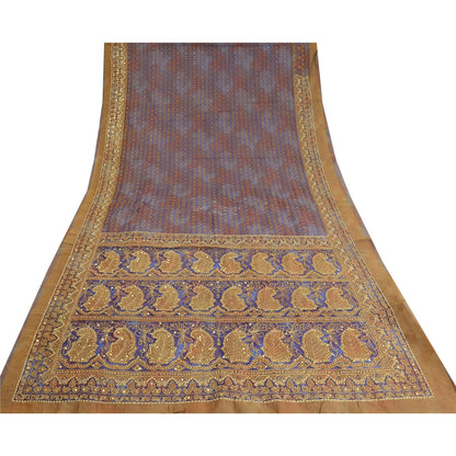 Sanskriti Vintage Hand Beaded Woven Organza Blue Saree Sari Indian Craft Fabric