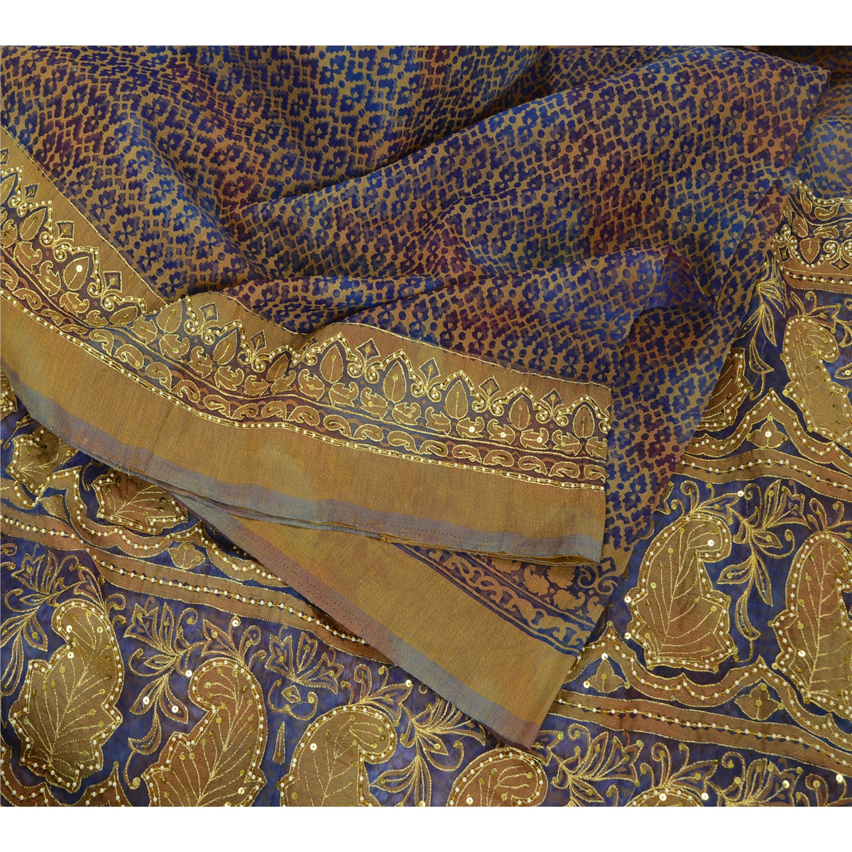 Sanskriti Vintage Hand Beaded Woven Organza Blue Saree Sari Indian Craft Fabric