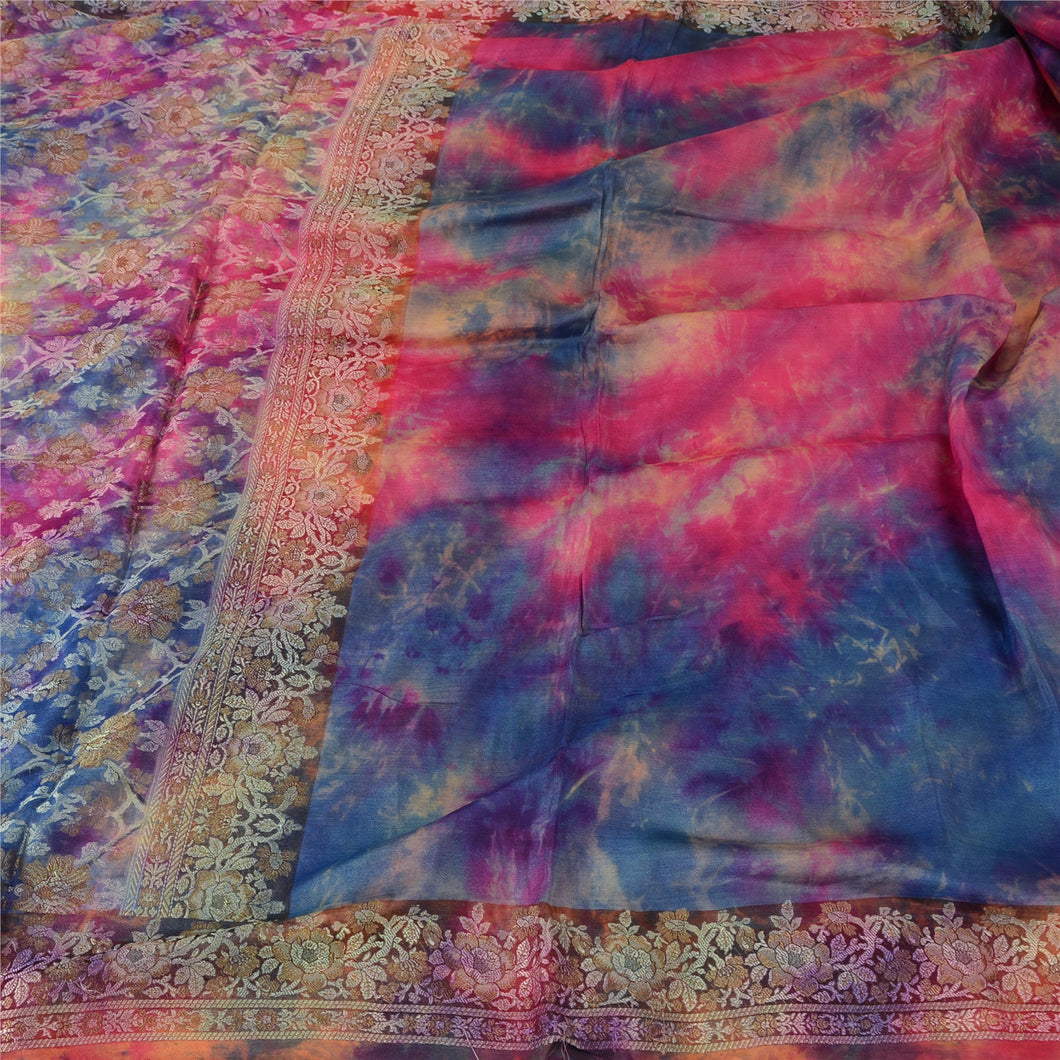 Sanskriti Vintage Pink/Blue Sarees Pure Silk Woven Tie-Dye Premium Sari Fabric