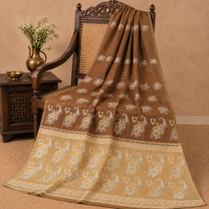 Sanskriti Vintage Paisley Woven 100% Pure Silk Saree Brown Sari 5Yd Craft Fabric
