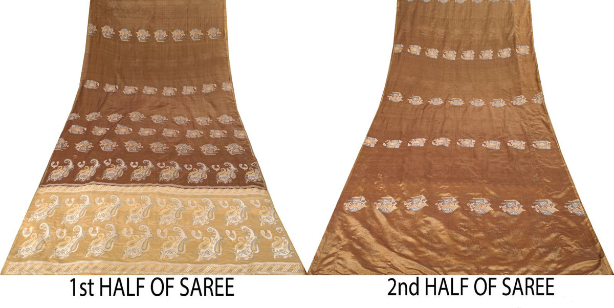 Sanskriti Vintage Paisley Woven 100% Pure Silk Saree Brown Sari 5Yd Craft Fabric