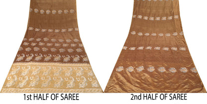 Sanskriti Vintage Paisley Woven 100% Pure Silk Saree Brown Sari 5Yd Craft Fabric